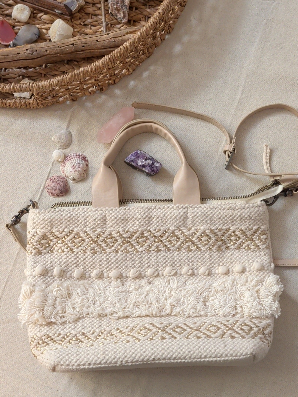 Neutral Boho Woven Tote Bag - Cream With Gold Accents Universal Thread Target
